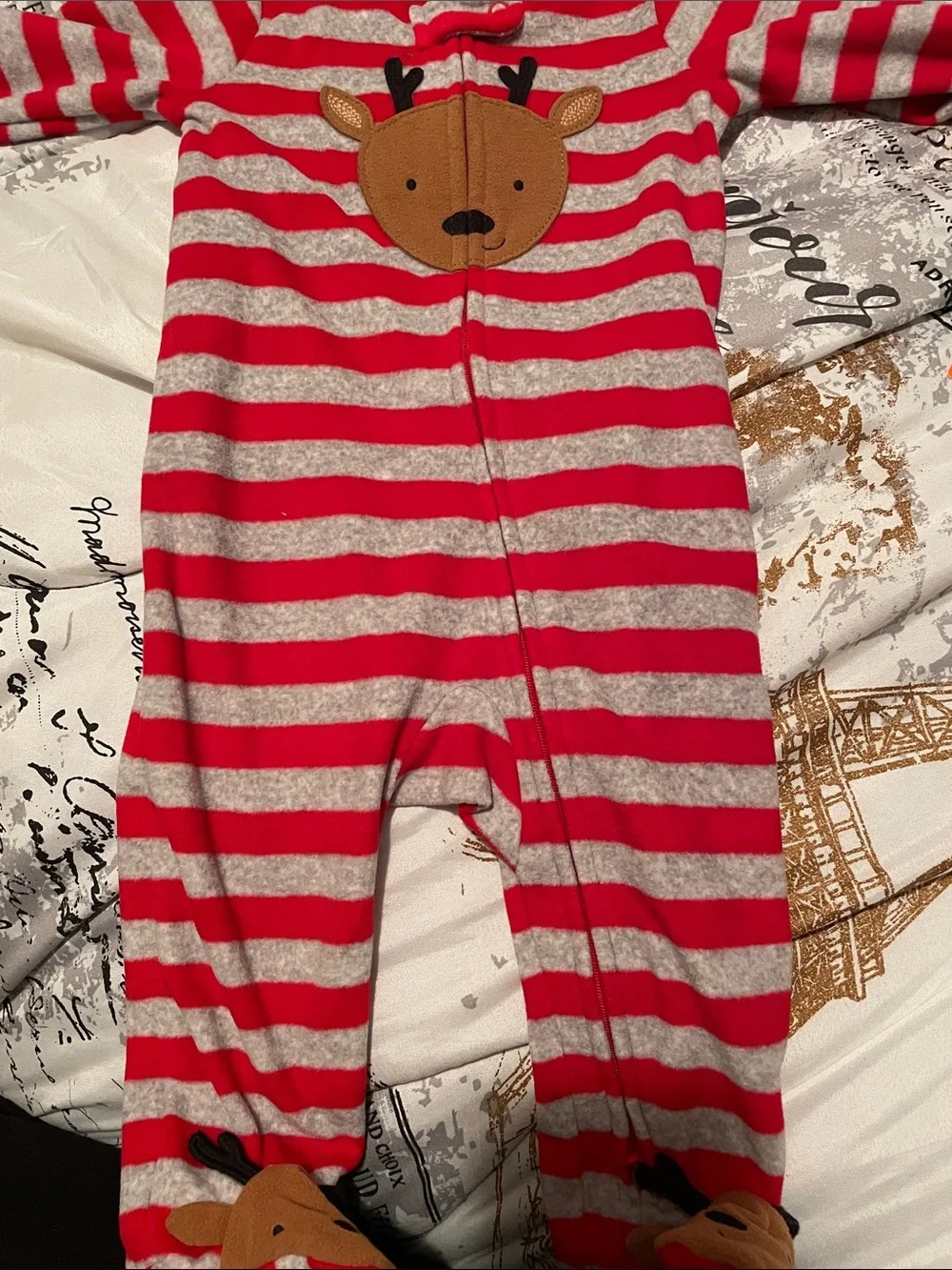 Carter's Red & Gray Striped Reindeer Footed One-Piece 6 months
